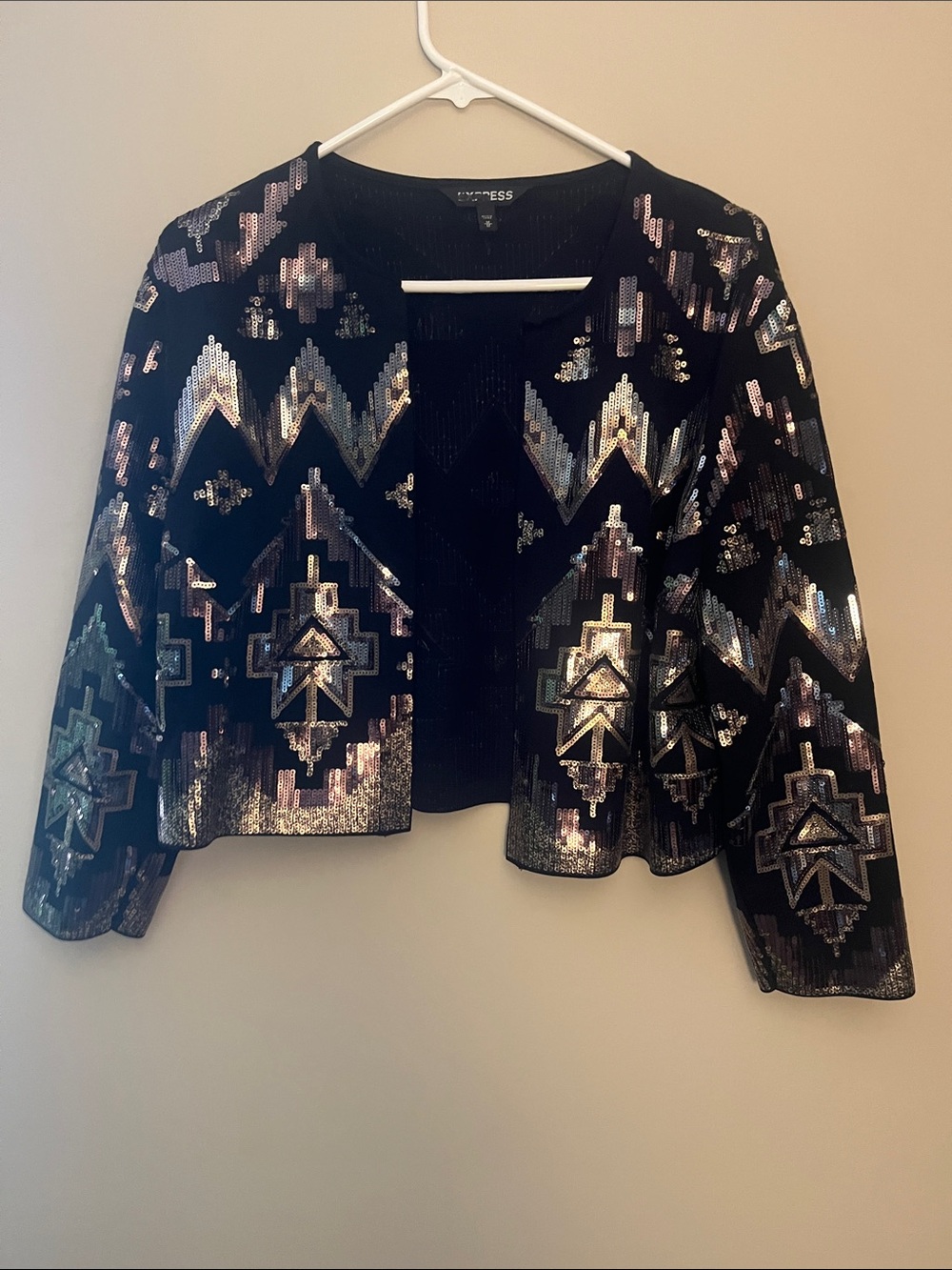 Express Black Sequin Geo Cropped Jacket with Metallic Accents